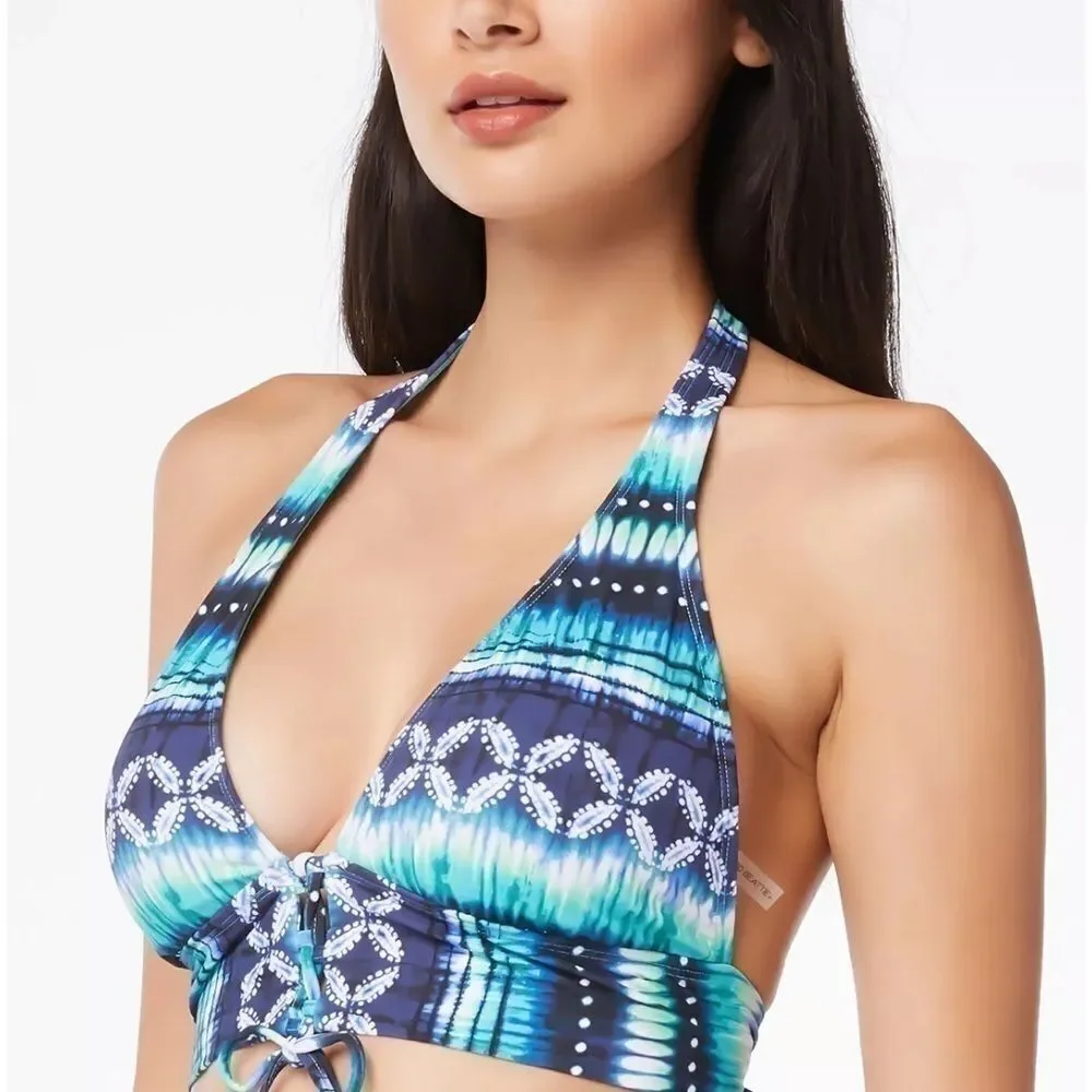 Bleu by Rod Beattie Lace-Up Halter Bikini Top Women's 14 Navy Blue padded swim